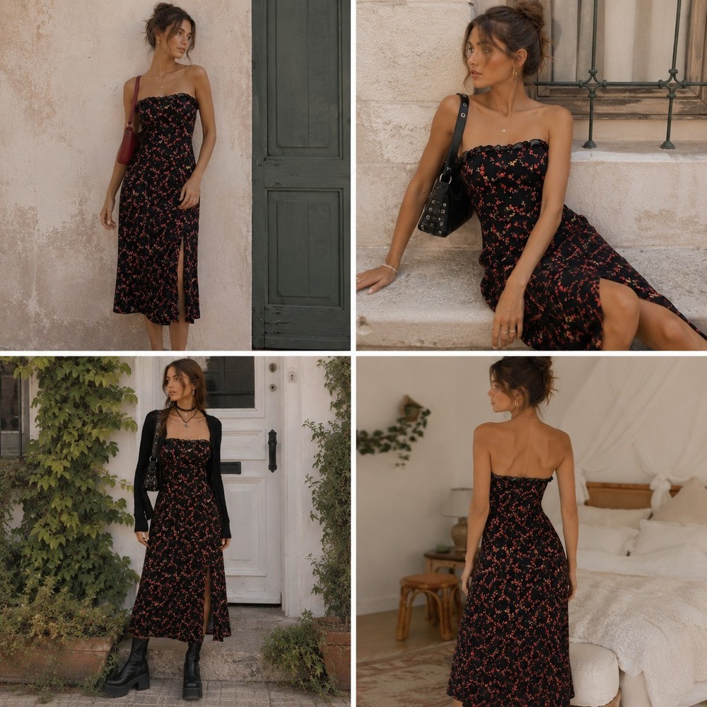 Windsor Y2K Floral Midi Dress XS Black Strapless Cottagecore Coquette Grunge